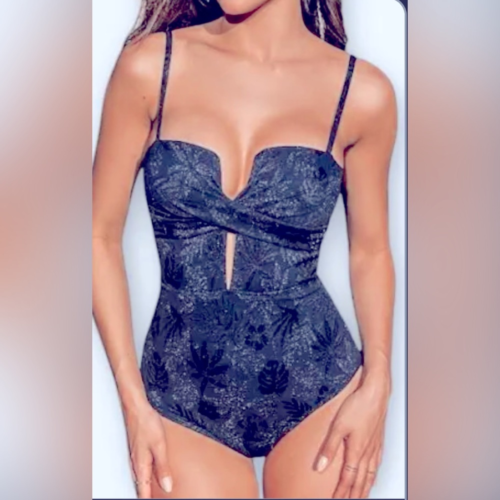 Cupshe Navy w Shimmer Leaves Swimsuit women’s size L-NWT